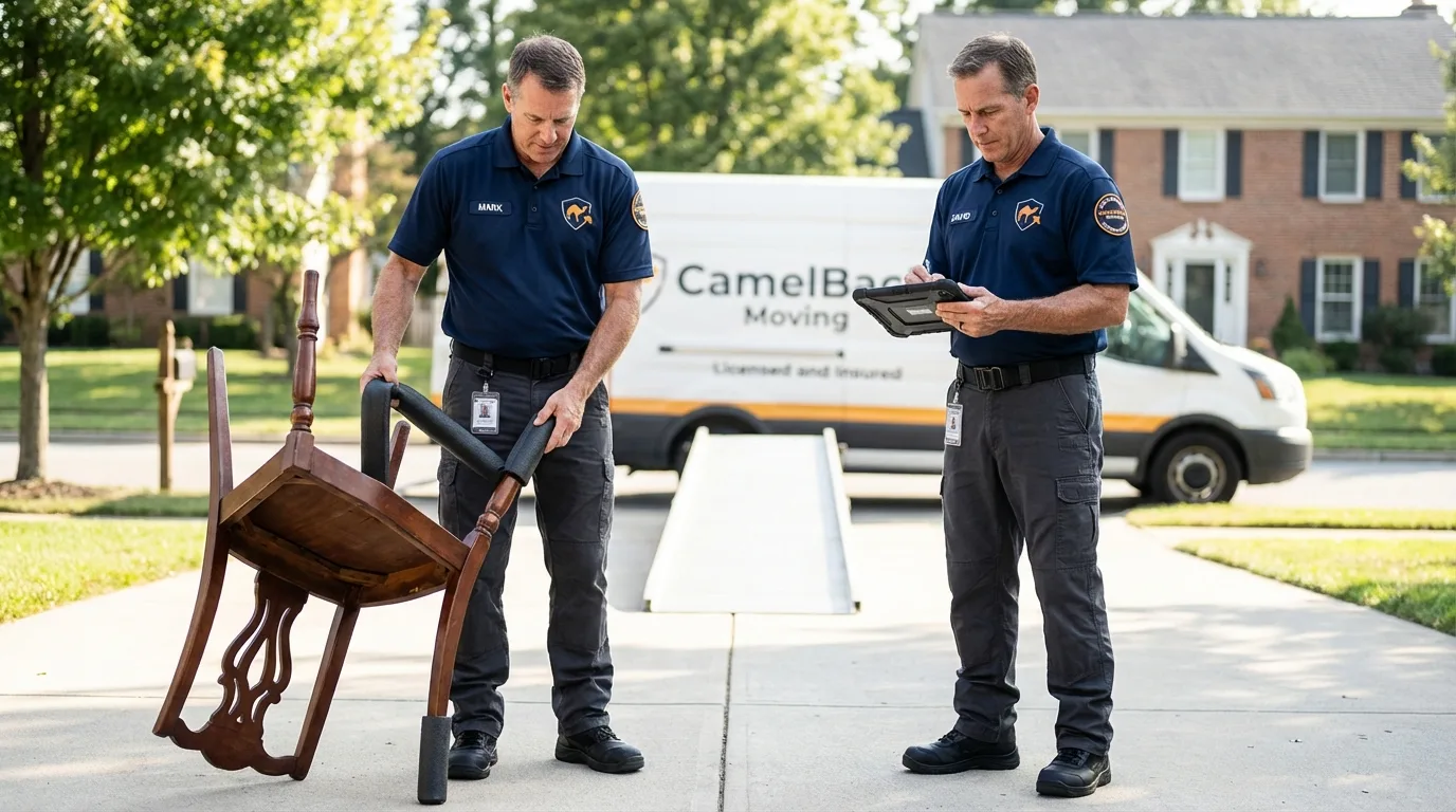 Movers inspecting furniture for damage prevention before loading in Millbrook, AL