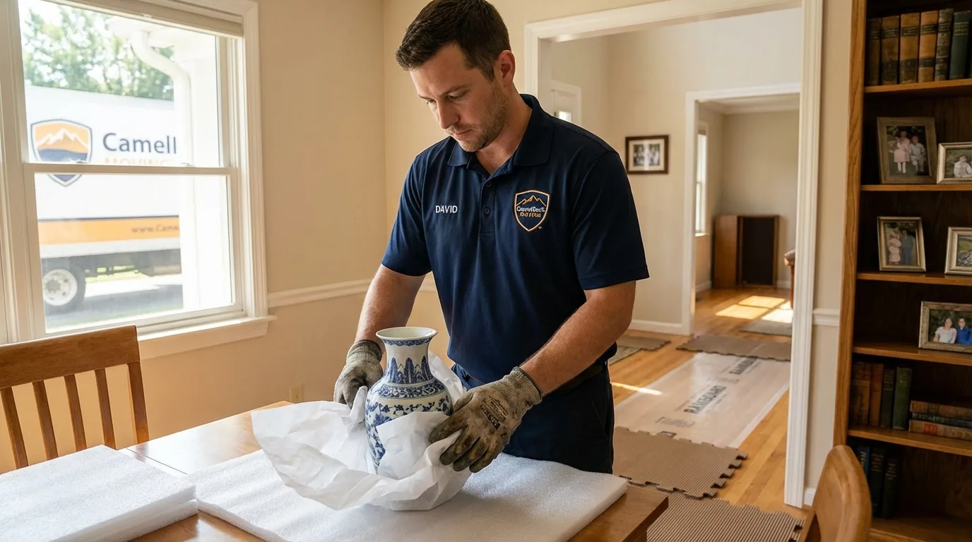 Professional crew carefully wrapping antique vase for senior downsizing move in Millbrook, AL